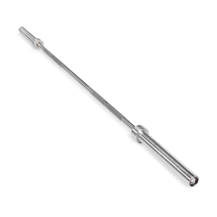 A Bells of Steel USA Deadlift Bar is isolated on a white background, displaying its full length with textured grip sections and rotating sleeves—perfect for powerlifting or strongman training.