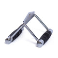 A close-up of the Bells of Steel Double D Handle Cable Attachment, featuring black rubber grips, designed for cable machines and ideal for strength training and gym workouts.