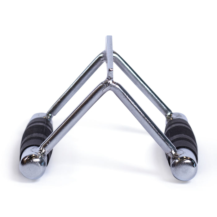 A close-up of the Bells of Steel Double D Handle Cable Attachment, featuring two angled handles with black foam grips, designed for strength training on cable machines, shown against a white background.