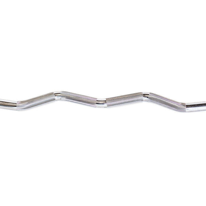 The Bells of Steel Double Hook EZ Curl Bar Cable Attachment, featuring angled chrome-plated grips and a horizontal design on a white background, is perfect for joint-friendly barbell exercises and fits any cable machine setup.