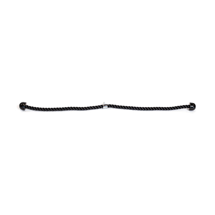 The Bells of Steel Extra Long Tricep Rope Extension (137cm) features a black twisted rope with metal caps and center clasp, ideal as a cable attachment for tricep pushdowns, shown on a white background.