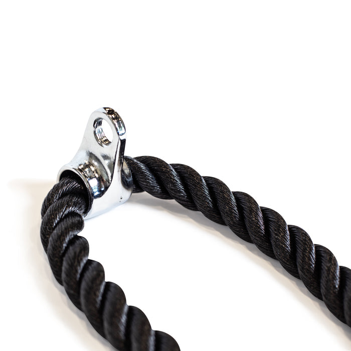 A close-up of the Bells of Steel Extra Long Tricep Rope Extension (137cm) in black, featuring a chrome metal attachment at the end, set against a white background.