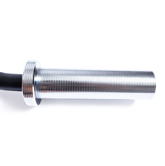 Close-up of the shiny, silver Bells of Steel EZ Curl Bar (45") sleeve with ridged grooves for securing weight plates and supporting biceps and triceps workouts, set against a white background.