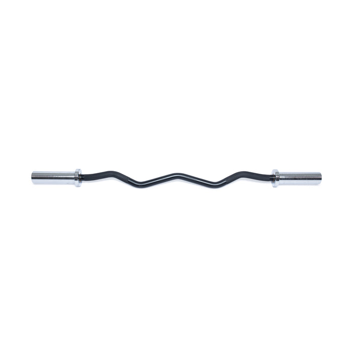 The Bells of Steel EZ Curl Bar (45") in black and silver features angled grips for biceps and triceps arm development and strength training, shown on a white background.