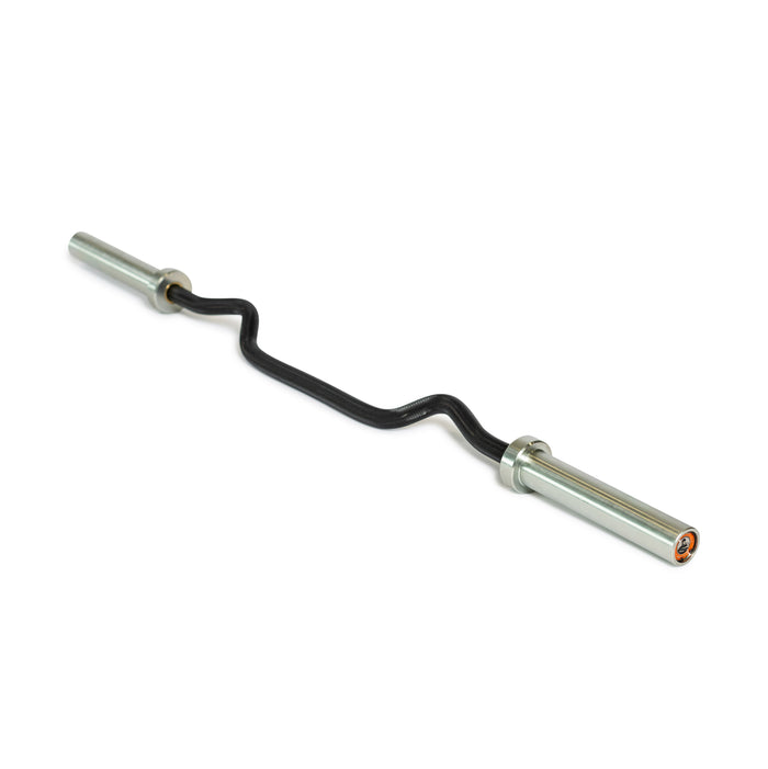 The black EZ Curl Bar (54.5") by Bells of Steel features silver ends and a zigzag shape to enhance grip and target bicep and tricep development during weightlifting exercises, showcased on a plain white background.