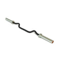 The black EZ Curl Bar (54.5") by Bells of Steel features silver ends and a zigzag shape to enhance grip and target bicep and tricep development during weightlifting exercises, showcased on a plain white background.