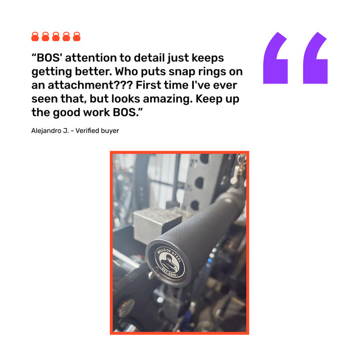 A customer review praises Bells of Steel’s attention to detail on the Fat Bar - Straight Handle Bar, highlighting unique snap rings. A photo shows a textured black bar with the BOS logo in a cable machine gym setup.