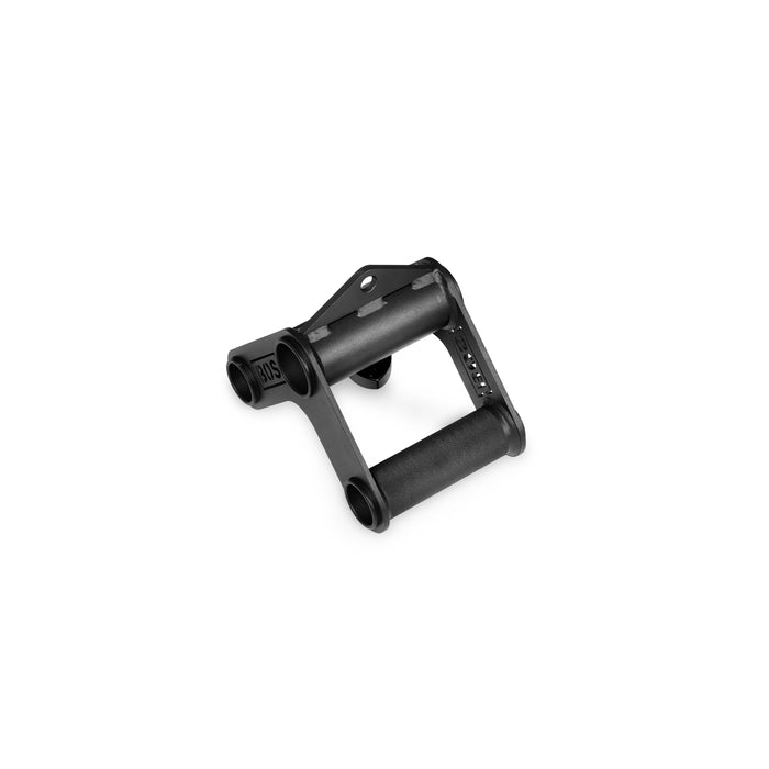 The Bells of Steel Fat Bar - T-Bar Row Cable Attachment is a black metal, U-shaped accessory with dual grip bars and mounting holes, designed for cable machines to boost grip strength during strength training. Plain white background.