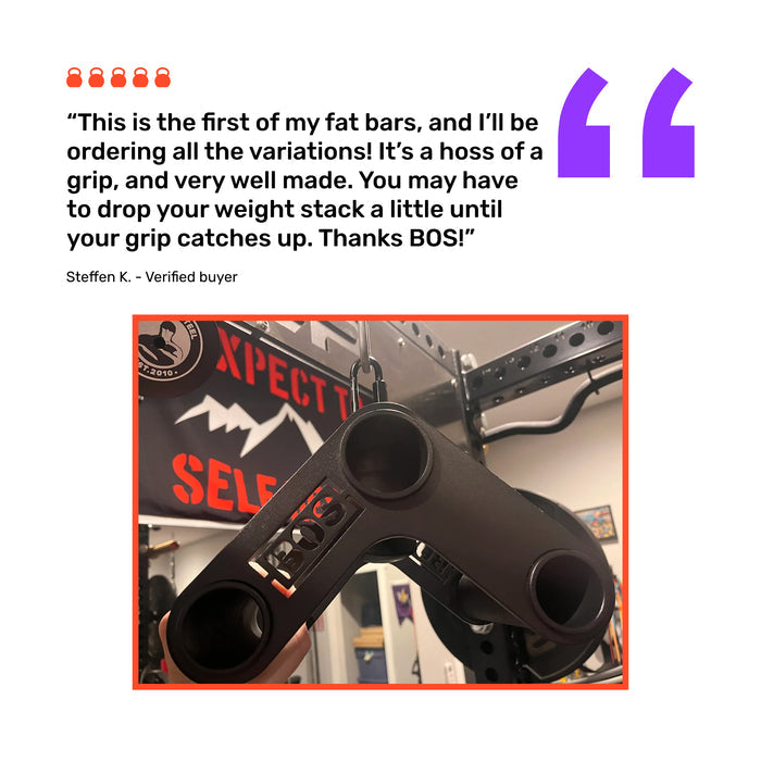 A close-up of the Bells of Steel Fat Bar - T-Bar Row Cable Attachment on gym equipment, with a bold customer review above praising its quality and challenging grip strength.