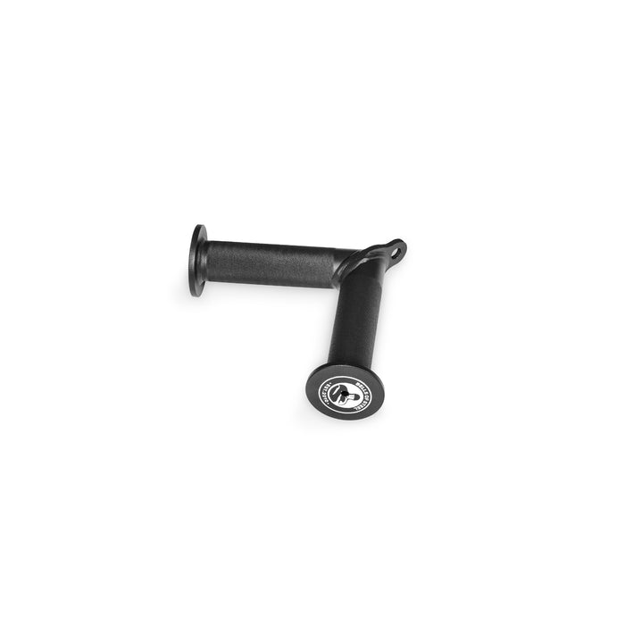 The Bells of Steel Fat Bar - Tricep Pressdown, shown in an L-shape on a white background, features a round logo with a stylized “M” on one end—perfect for boosting grip strength during workouts.