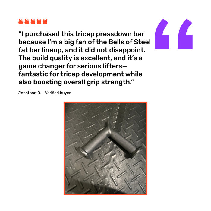 A Bells of Steel Fat Bar - Tricep Pressdown sits on a textured rubber gym floor, with a customer review praising its solid build and effectiveness for improving tricep pushdowns and grip strength.