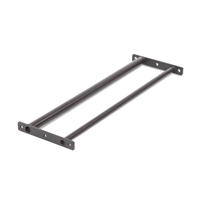 The Bells of Steel Fat/Skinny Pull Up Bar features two parallel rods joined by flat mounting brackets with multiple screw holes for easy installation—perfect for adding to your power rack or cable pulley system.