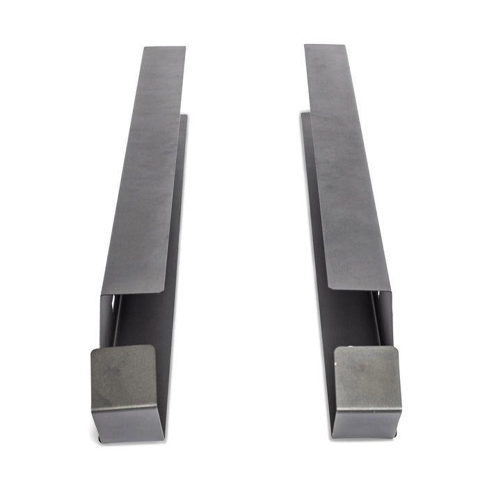 The Bells of Steel Foam Roller Storage features two parallel grey metal brackets with flat tops and square end caps, shown on a white background—perfect for organized wall-mounted foam roller storage.