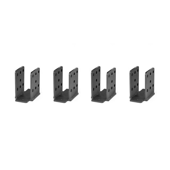 Four Folding Rack Wall Connectors & Hinges by Bells of Steel are aligned in a row against a white background, showcasing black metal L-shaped brackets with multiple holes, ideal for your setup.