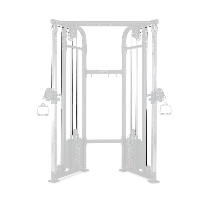 Discover Bells of Steel USA's BOS2-FCT Functional Trainer: a versatile cable crossover machine featuring adjustable pulleys, two handles, a sturdy metal frame, dual weight stacks, and easily replaceable cables (Cables for Functional Trainer Part #27) for optimal strength training and durability.