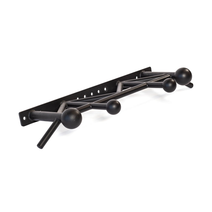 The Bells of Steel Globe Pull Up Bar is a black metal, wall-mounted coat rack with five round hooks in various sizes and an angular modern design. It features multiple mounting holes for secure installation.