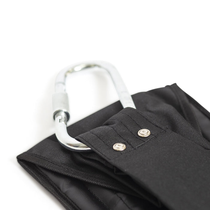 A close-up of a silver carabiner clip attached to the black fabric strap with metal rivets of the Bells of Steel Hanging Ab Straps (Pair), essential for core workouts, set against a white background.