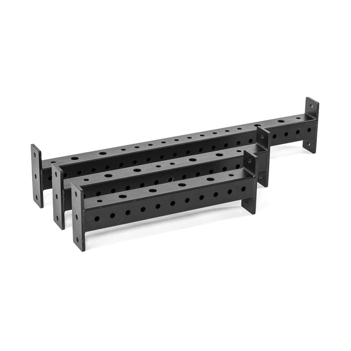 Three Bells of Steel Hydra Crossmembers—black metal rack attachments with multiple holes and mounting plates on each end—are arranged side by side on a white background.