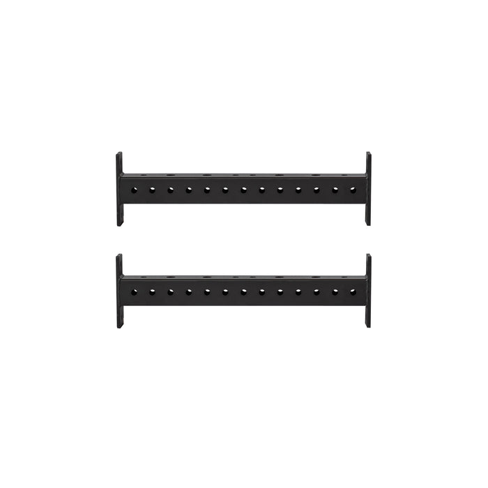 Two black metal Hydra Crossmembers from Bells of Steel, each featuring rows of evenly spaced holes, are positioned parallel to each other on a white background.