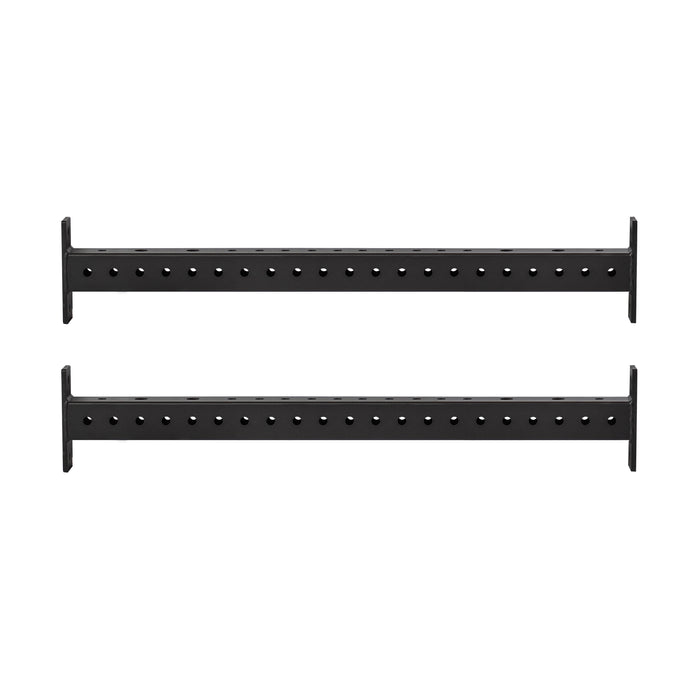 Two Bells of Steel Hydra Crossmembers, black metal bars with evenly spaced holes and flat vertical end brackets for mounting, are shown parallel and aligned on a plain white background.