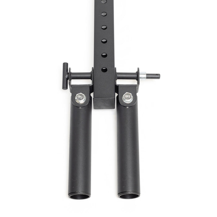 The Bells of Steel Hydra Double Landmine Pin for 5/8" holes is a black metal attachment with dual cylindrical sleeves and an adjustable, multi-hole post, perfect for home gyms and versatile unilateral exercises; shown from above on a white background.