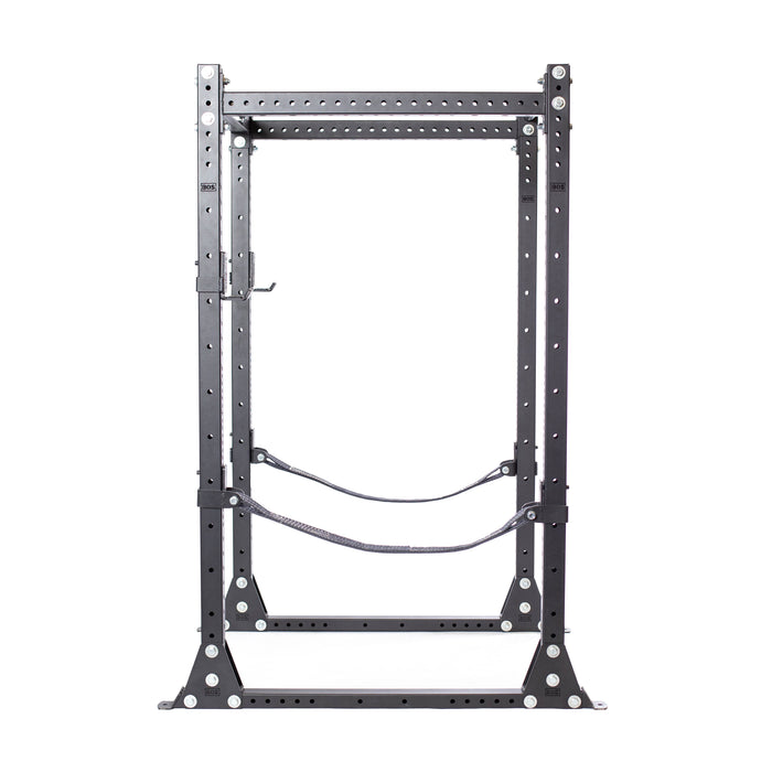 The Bells of Steel Hydra Flat Foot Components power rack offers adjustable safety bars, multiple holes for customization, and a sturdy metal frame designed for weightlifting. Its minimalist, robust construction is perfect for gym use and ideal for those needing flat foot support during workouts.