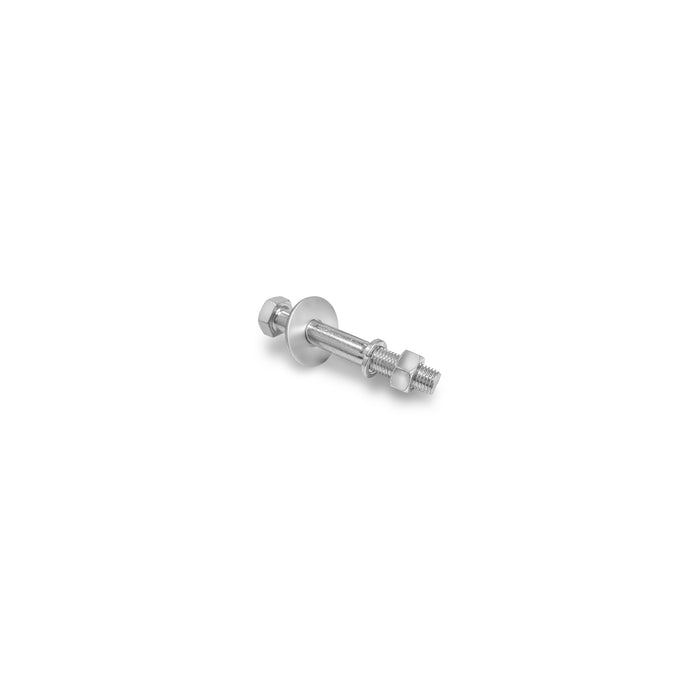 The Hydra Hardware kit by Bells of Steel contains a silver, adjustable metal bolt with a washer, two nuts, and a cylindrical head, ideal for concrete anchor bolts, isolated on a white background.