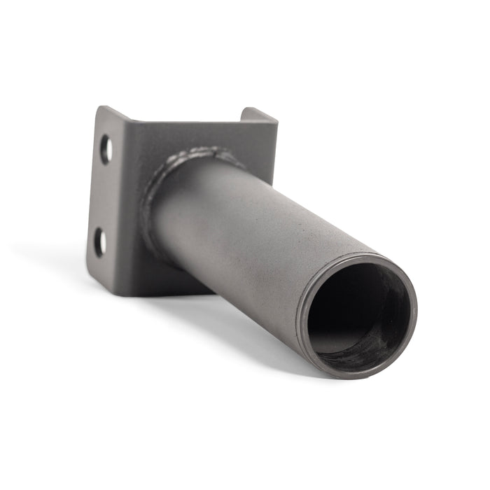 The Bells of Steel Hydra Vertical Bar Holder for Flat Foot is a metal barbell holder with a cylindrical tube and square mounting plate with two bolt holes, designed for Hydra power rack home gym organization, shown on a white background.