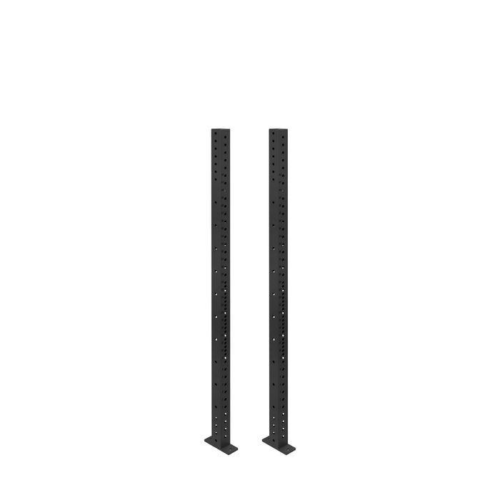 Two Bells of Steel Hydra Vertical Uprights, black metal with multiple rows of holes, stand on flat bases, perfect for 3x3 rack setups and compatible with many power rack attachments, shown against a white background.