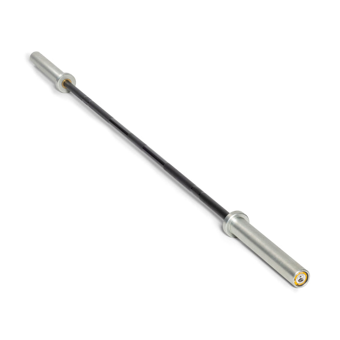 The Bells of Steel Juno Bar - Women’s Utility Bar features silver sleeves and a black textured grip, making it ideal for women’s weightlifting; shown diagonally against a white background.