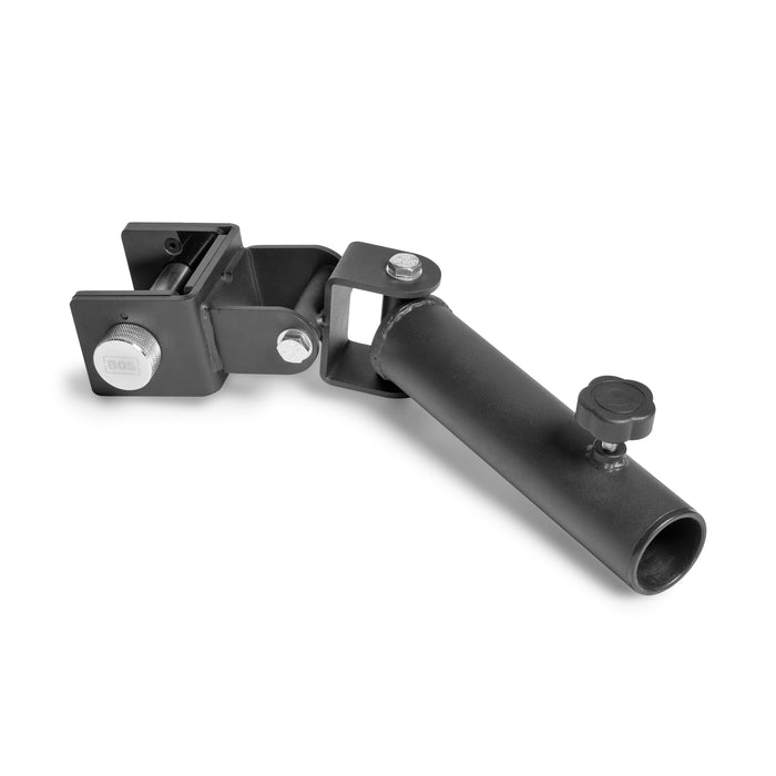 The Bells of Steel Landmine Rack Attachment is a black, adjustable metal bike repair stand with a clamp and swivel arm. Perfect for strength workouts with an Olympic barbell, it features a tightening knob and padded interior for stability while securing the bike frame.