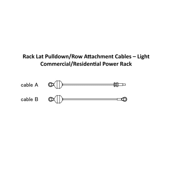 Diagram showing two labeled cables—Cable A and Cable B—side by side. Both are straight with loops at each end, designed as Rack Attachment Cables for the Bells of Steel USA Lat Pulldown / Row Rack Attachment Spare Parts, suitable for a power rack Lat Pulldown or Row setup.