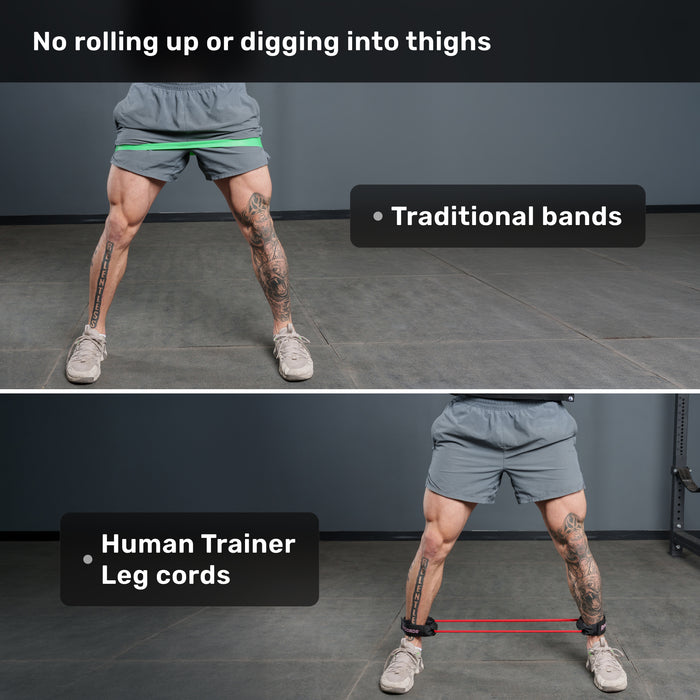 Two images compare exercise bands: the top shows green leg resistance bands positioned above the knees with a “Traditional Bands” label, while the bottom features red Bells of Steel USA Leg Cords fastened at the ankles, labeled “Leg Cords.” Both images display a person performing side steps.