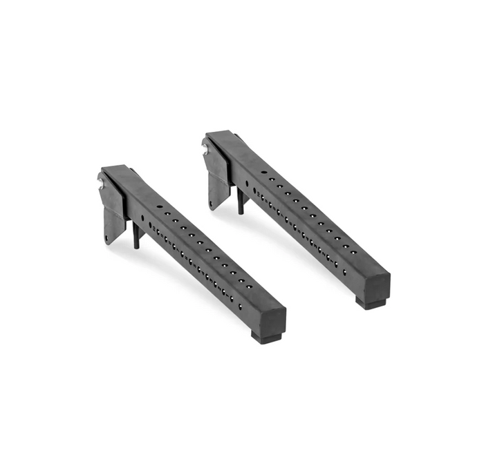 Two black Bells of Steel Lever Arms Rack Attachments are shown on a white background, featuring multiple holes for height adjustment and flat rectangular bases for stability, similar to adjustable pull-up bars.