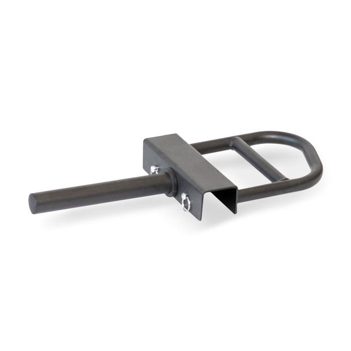 The Bells of Steel Lever Arms Rack Attachment is a metal hitch adapter with a rectangular bracket, cylindrical rod, and U-shaped handle for attaching space-saving accessories—like Hydra Lever Arms or an adjustable pull-up bar—to trucks or tractors.