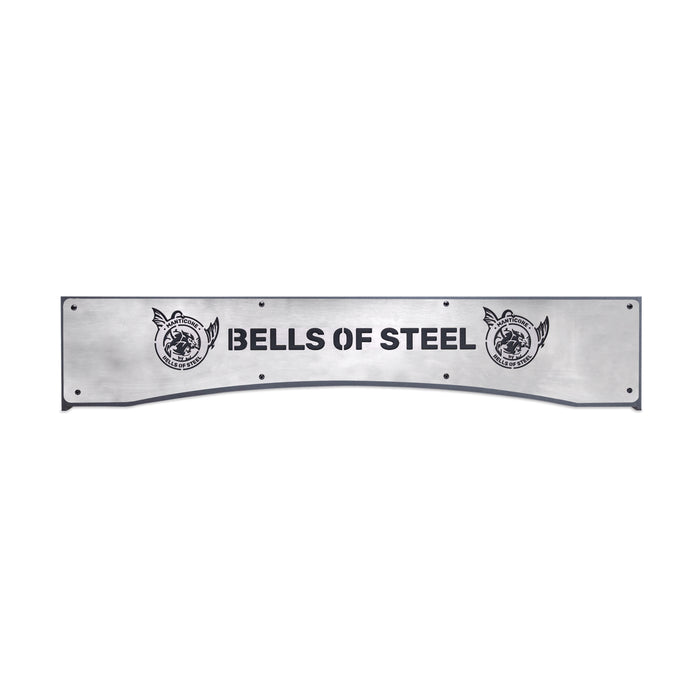 A rectangular Bells of Steel Logo Plate Crossmember sign featuring bold black branding and winged logos at each end, with corner holes for mounting—a perfect accent for your Hydra Power Rack or Manticore Rack.