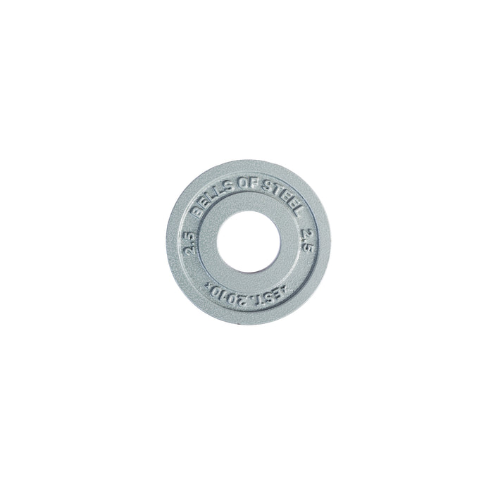 A Bells of Steel Machined Iron Olympic Weight Plate, grey and weighing 2.5 lbs with "BELLS OF STEEL" and "2.5" engraved, precision hole fit, is displayed on a plain white background.