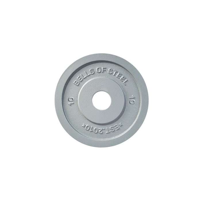 A gray Bells of Steel Machined Iron Olympic Weight Plate with "10" and "EST. 2010" engraved, precision hole fit, viewed from above on a white background.