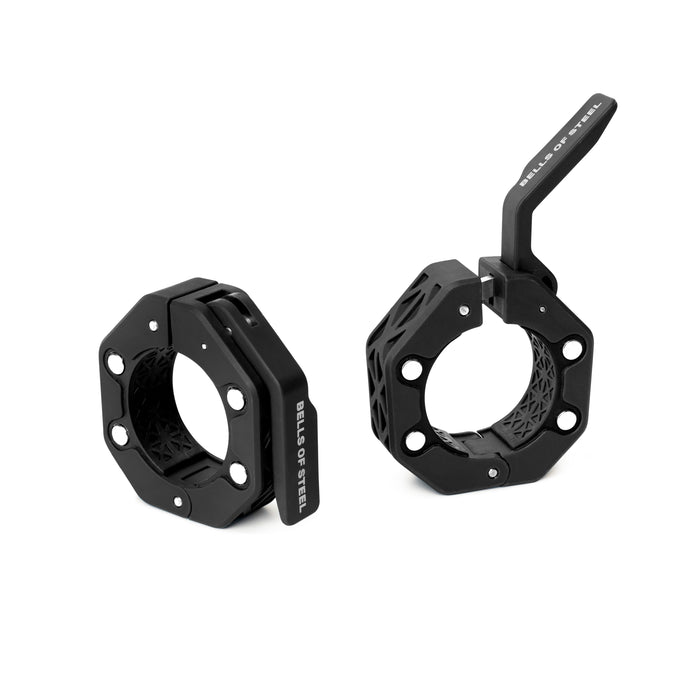 Two black, octagonal Magnetic Clamp Collars by Bells of Steel—one closed and upright, one open to reveal the lever mechanism. Both feature a modern, geometric design for secure lifts.