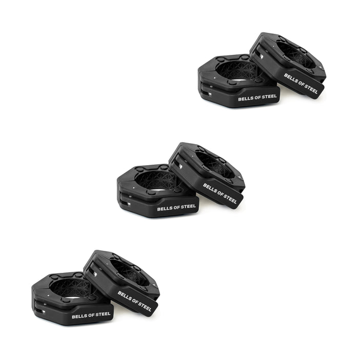Three pairs of black, hexagonal-shaped weightlifting crash pads are shown on a white background, each labeled "Bells of Steel." Magnetic Clamp Collars by Bells of Steel help keep your workout space organized and secure.