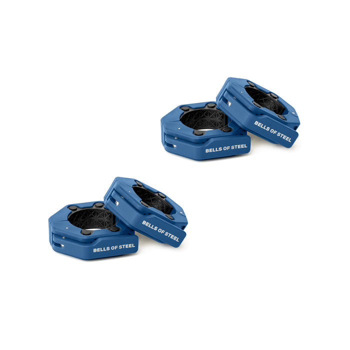 Four blue, hexagonal Magnetic Clamp Collars by Bells of Steel are arranged in pairs on a white background, highlighting secure and innovative barbell collars for weightlifting.