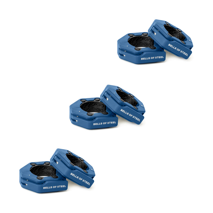 Three pairs of blue, octagonal Magnetic Clamp Collars by Bells of Steel are arranged diagonally on a white background—ideal for securely fastening weight plates.