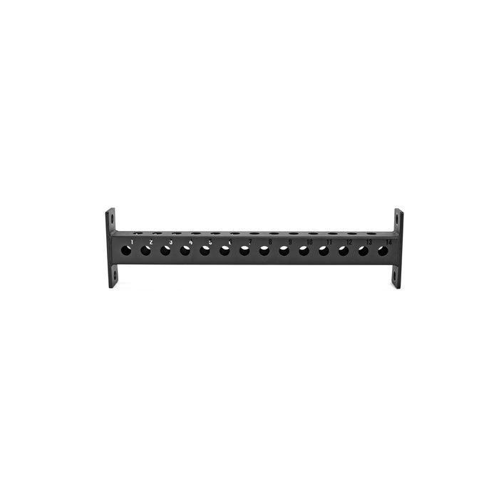 Bells of Steel Manticore Crossmembers are black metal panels with multiple circular ports in a row and mounting brackets on each end, ideal for Manticore Rack setups and compatible with various rack attachments. Shown isolated on white background.