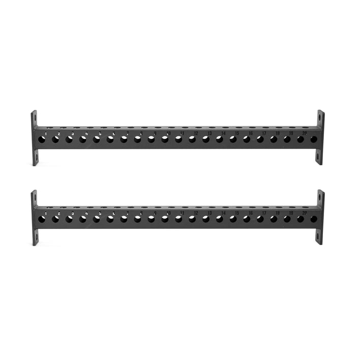 The Bells of Steel Manticore Crossmembers are black metal bars with evenly spaced holes and mounting plates, perfect for connecting Manticore Rack uprights or adding attachments—shown here against a white background.