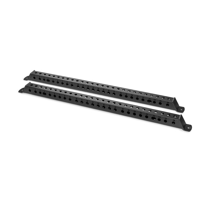 The Manticore Flat Foot Components by Bells of Steel are two black metal rock sliders with a flat foot support system and evenly spaced holes for enhanced vehicle protection during off-road driving, laid parallel on a white background.