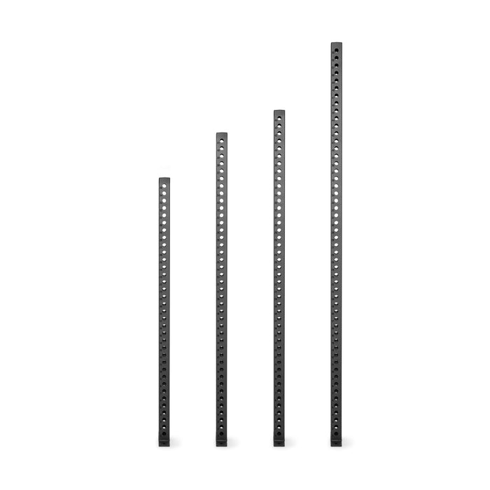 Four Bells of Steel Manticore Vertical Uprights in black metal, each 3x3 with evenly spaced holes, are shown in ascending height order from left to right against a white background.