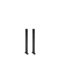 Two Bells of Steel Manticore Vertical Uprights in black metal, each with multiple rows of round holes, stand parallel on a white background, ready for 3x3 rack attachments.