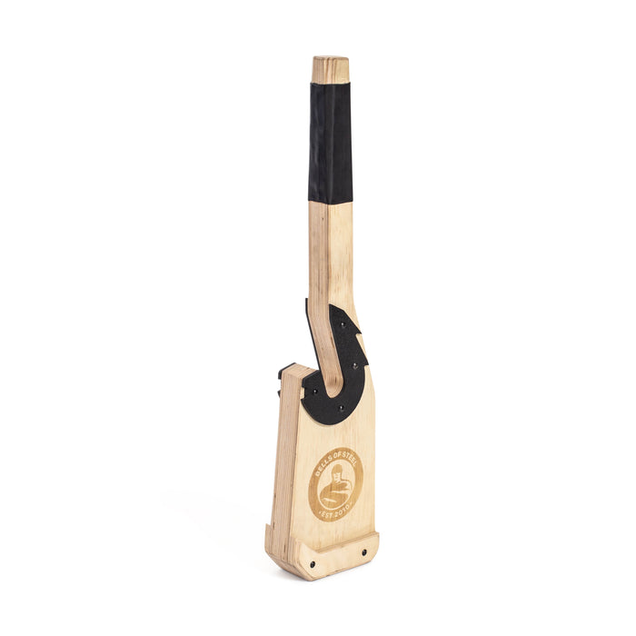 The Bells of Steel Meat Hook Deadlift Jack is a portable weightlifting tool shaped like an axe, featuring a black grip, hinge mechanism, round logo, and text on the handle—ideal for easily lifting barbells.