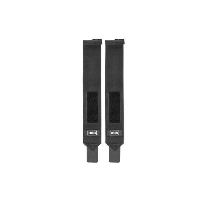 Two black rectangular fabric Mighty Wrist Wraps by Bells of Steel feature Velcro sections and the "SOB" label at the bottom, displayed against a plain white background—ideal for wrist support and powerlifting essentials.