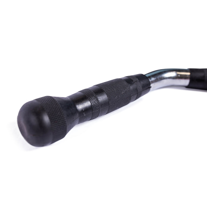 Close-up of the Bells of Steel Multi Grip Curl Bar Cable Attachment in black and silver, featuring a textured knurled grip and rounded rubber ends, designed for arm muscle isolation, photographed against a white background.